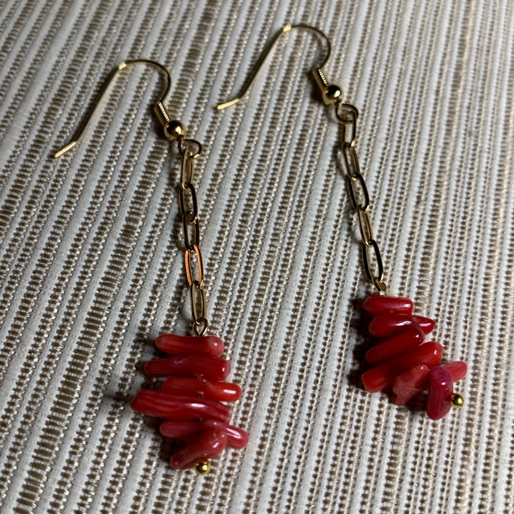 18K gold plated paper clip chain earrings with genuine coral